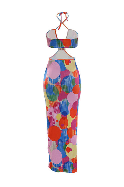 namcoverse Polka Dot Colorful Cutout Waist Maxi Dress