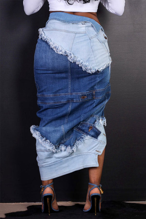 storexq Color Block Patchwork Cool Irregular Denim Skirt