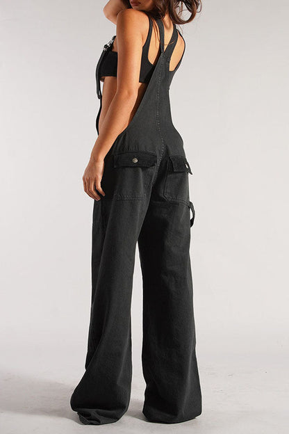 storexq Solid Color Chic Wide Leg Suspenders Jeans