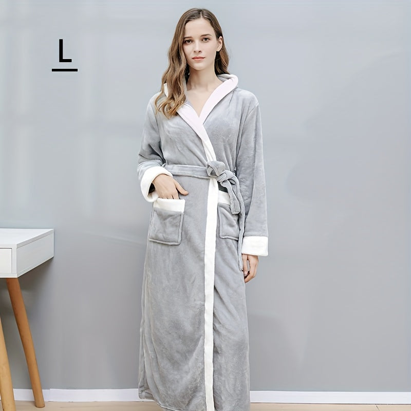 1pc Autumn And Winter Bathrobe, Soft And Skin-friendly Hooded Long Sleeve Bathrobe, Thickened Nightgown With Pocket, Warm Long Robe For Home, Bathroom Supplies