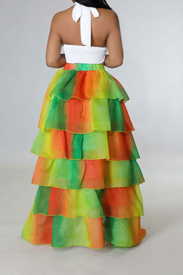 storexq Gradient Elegant Tiered Ruffle High Low Skirt