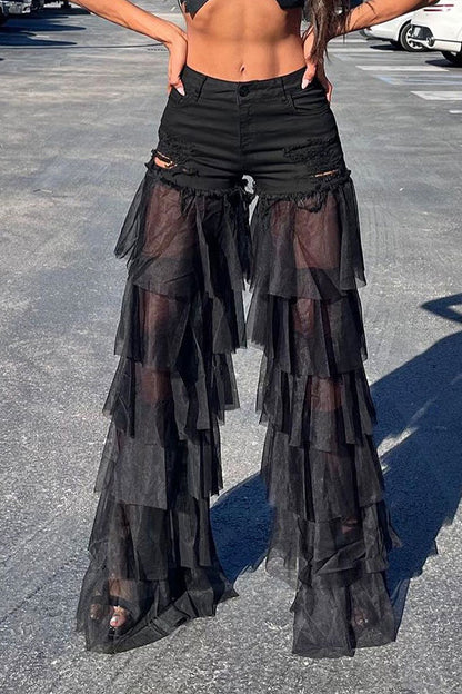 storexq Patchwork Rocking Tulle Tiered See-Through Jeans