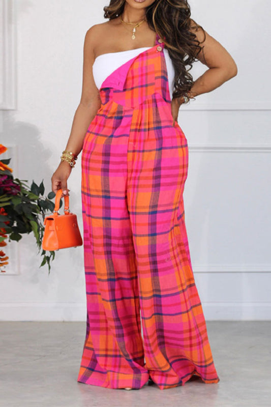 storexq Plaid Casual Suspenders Wide Leg Jumpsuit