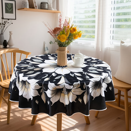 1pc Round Dark Flower Pattern Tablecloth - Black Tulip Design - Elegant Dining & Picnic Mat - Vintage Decor for Indoor & Outdoor Use - Multi-Purpose Towel for Stylish Gatherings