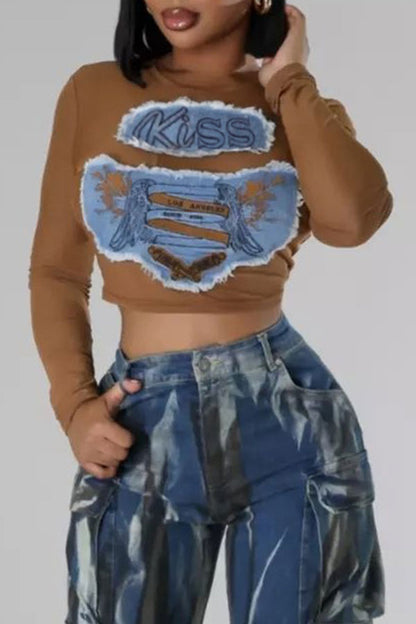 storexq Printed Denim Applique Smart Mesh See-Through Blouse