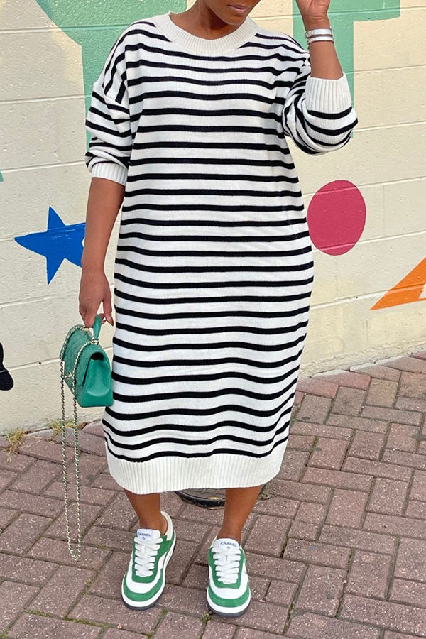 storexq Striped Patchwork Laid Back Midi Dress