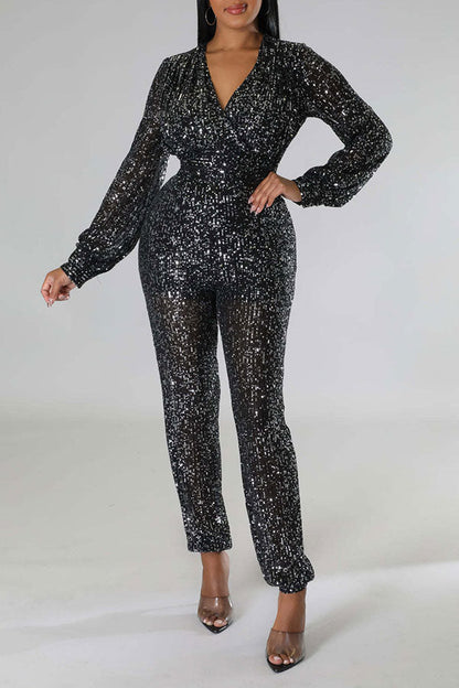 storexq Sequined Sparkly V Neck Jumpsuit