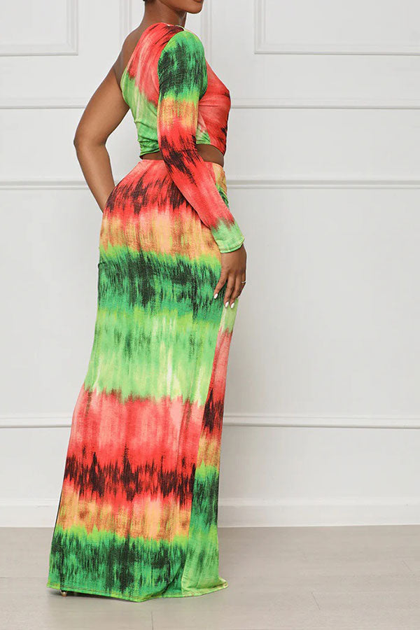 namcoverse Tie Dye Colorful Ruffle Asymmetric Maxi Dress