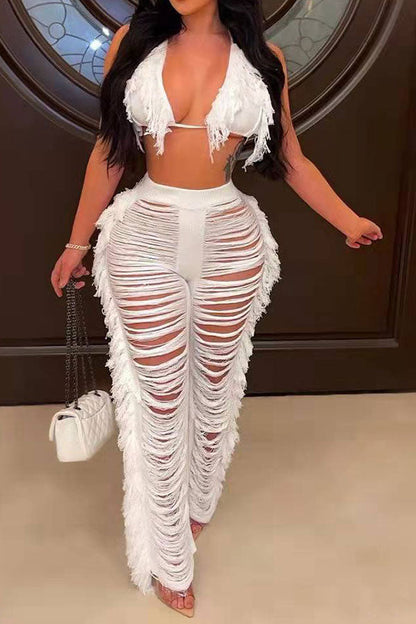 storexq Solid Color Romantic Ripped Tassels Knitted Pant Suit Beachwear