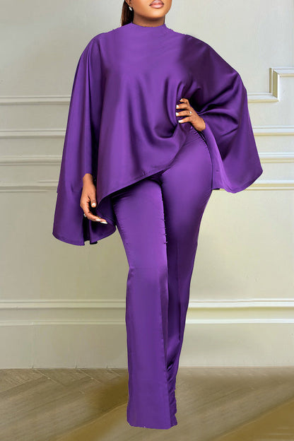 storexq Solid Color Batwing Sleeve Rocking Flowy Pant Suit