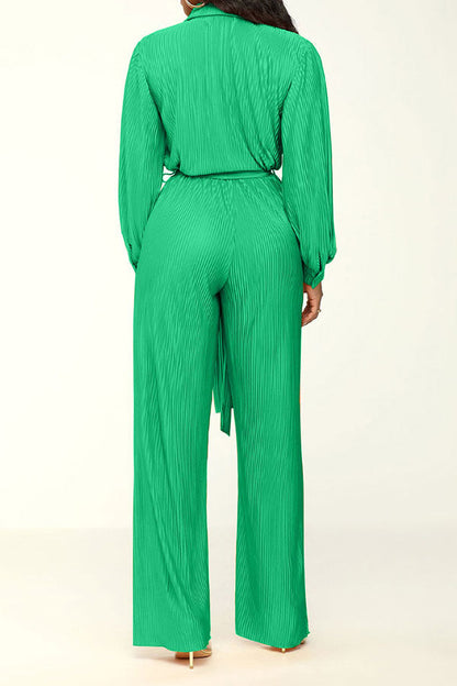 storexq Solid Color Classic Belted Pleated Jumpsuit