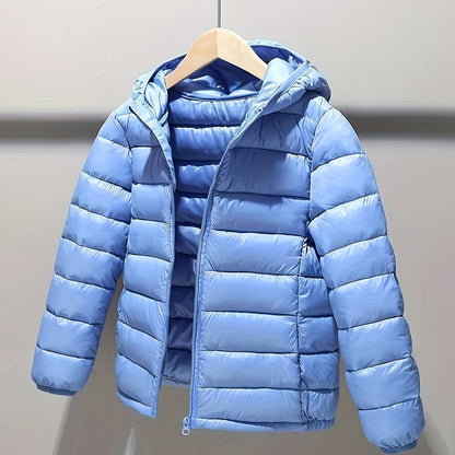 Kids' Hooded Puffer Jacket - 100% Polyester Casual Outerwear with Zipper, Solid Color, Non-Stretch Fabric, Regular Fit for Boys, Ideal for Fall/Winter - Polyester Fiber Insulated