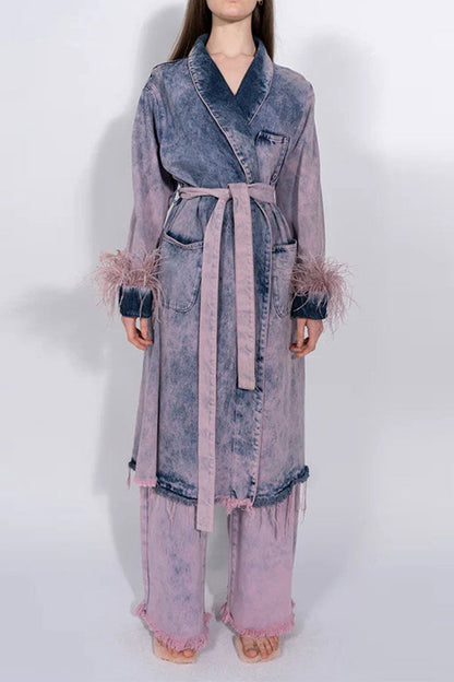 storexq Feather Trim Elegant Lace-Up Gradient Denim Trench Coat