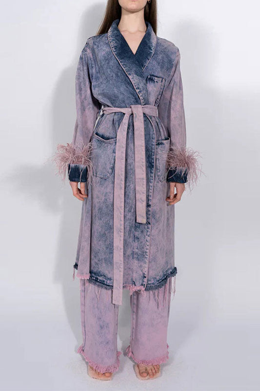 storexq Feather Trim Elegant Lace-Up Gradient Denim Trench Coat