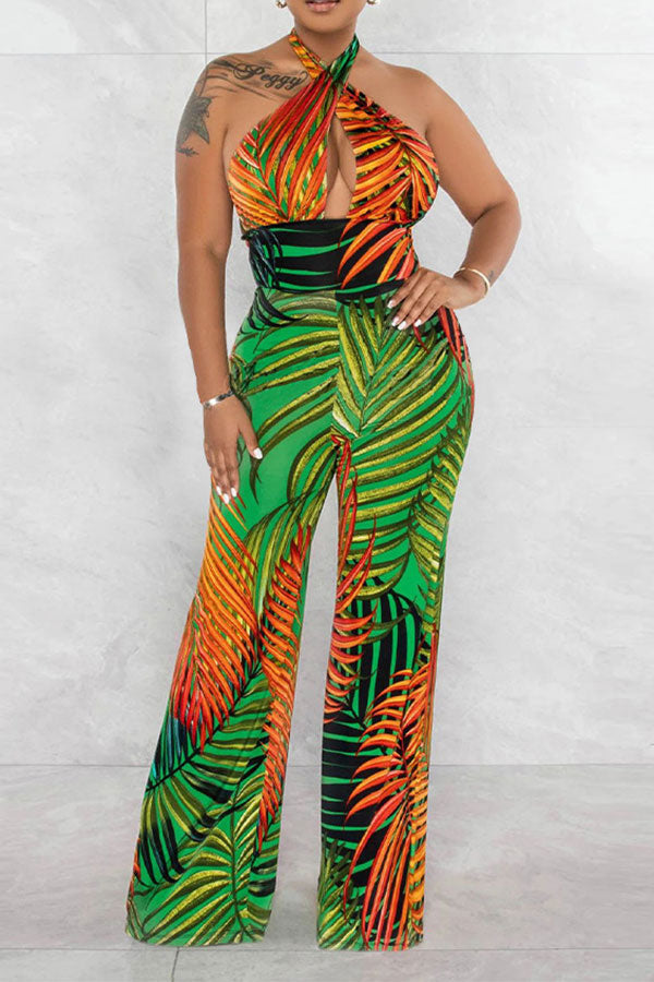 storexq Leaf Print Tropical Backless Lace-Up Jumpsuit