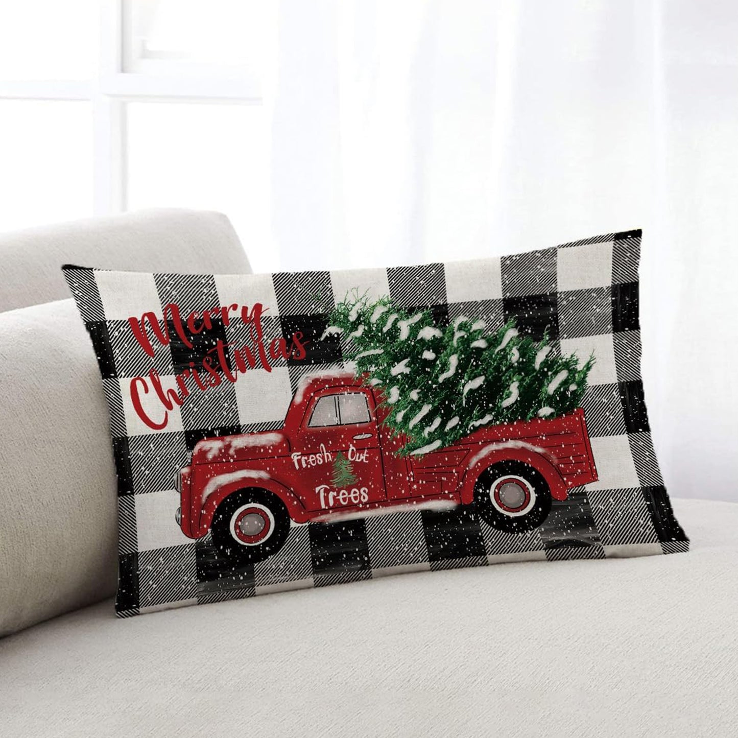 12 x 20 Inch Single Sided Linen Festive Farmhouse Christmas Pillow Cover: Red Truck with Plaid Background, Machine Washable, Zipper Closure for Various Room Types