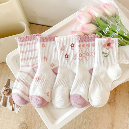 5 Pairs Of Kid's Cotton Blend Fashion Cute Floral Pattern Crew Socks, Comfy & Breathable Soft & Elastic Thin Socks For Spring And Summer