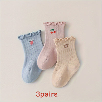 5 Pairs Girl's Cartoon Fruit Pattern Knitted Socks, Cotton Blend Comfy Breathable Soft Crew Socks For Outdoor Wearing