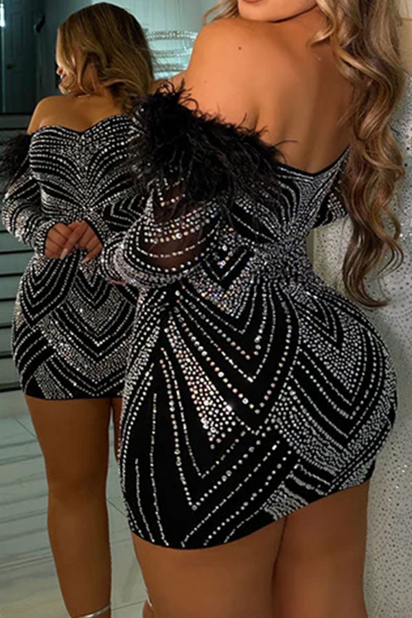 storexq Rhinestone & Feather Rocking Off Shoulder Mini Dress