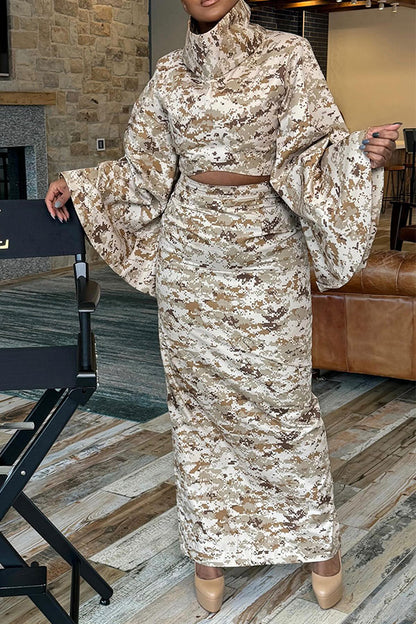 storexq Camouflage High Neck Unique Skirt Suit