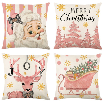 4 Pcs/set Christams Throw Pillow Cover With Four Design: Plaid Trees, Bows, And Messages Like Merry & Bright, Let It Snow; Red Black & White Tones Creates Cozy Holiday Feel, Home Decor, 17.7*17.7inch