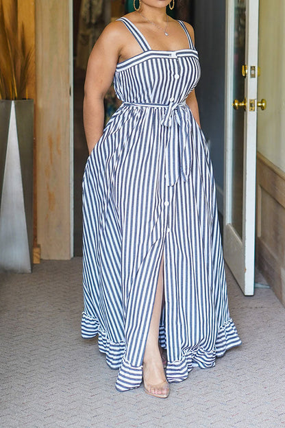 storexq Striped Classic Button Down Belted Midi Dress