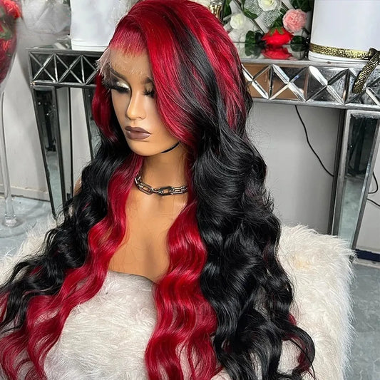 34 Inches Perivian HD Lace Front Wig Red Ombre Black Body Wave Lace Frontal Wig Colored Highlight Wig Synthetic Preplucked