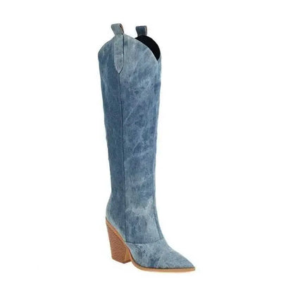 Boots Denim Western Women Knee Thigh High New  Autumn Winter Heel Cowboy Long Size 43 Slip on Woman Shoes H240516