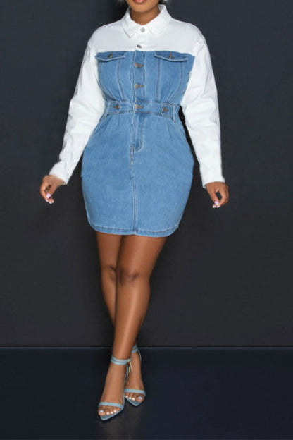 storexq Color Block Denim Patchwork On-trend Mini Dress