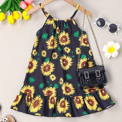 Girls Ruffle Hem Flower Graphic Cami Dress For Party Beach Vacation Kids Summer Clothes