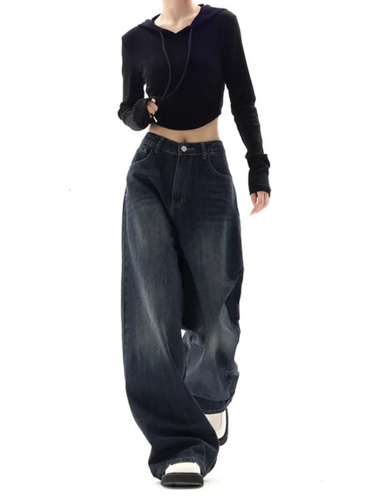 Women's Jeans HOUZHOU Vintage Women Wide Leg Jeans Harajuku Baggy Denim Trousers Oversized Grunge Streetwear Y2k Autumn Pants Korean Fashion 230403