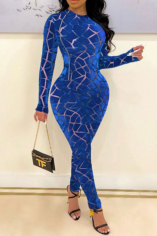 storexq Abstract Print On-trend Zipper Bodycon Jumpsuit