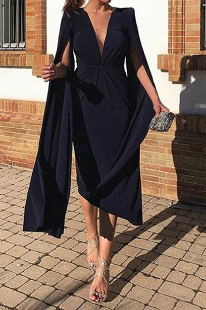 storexq Solid Color Striking Cape Sleeve Midi Dress