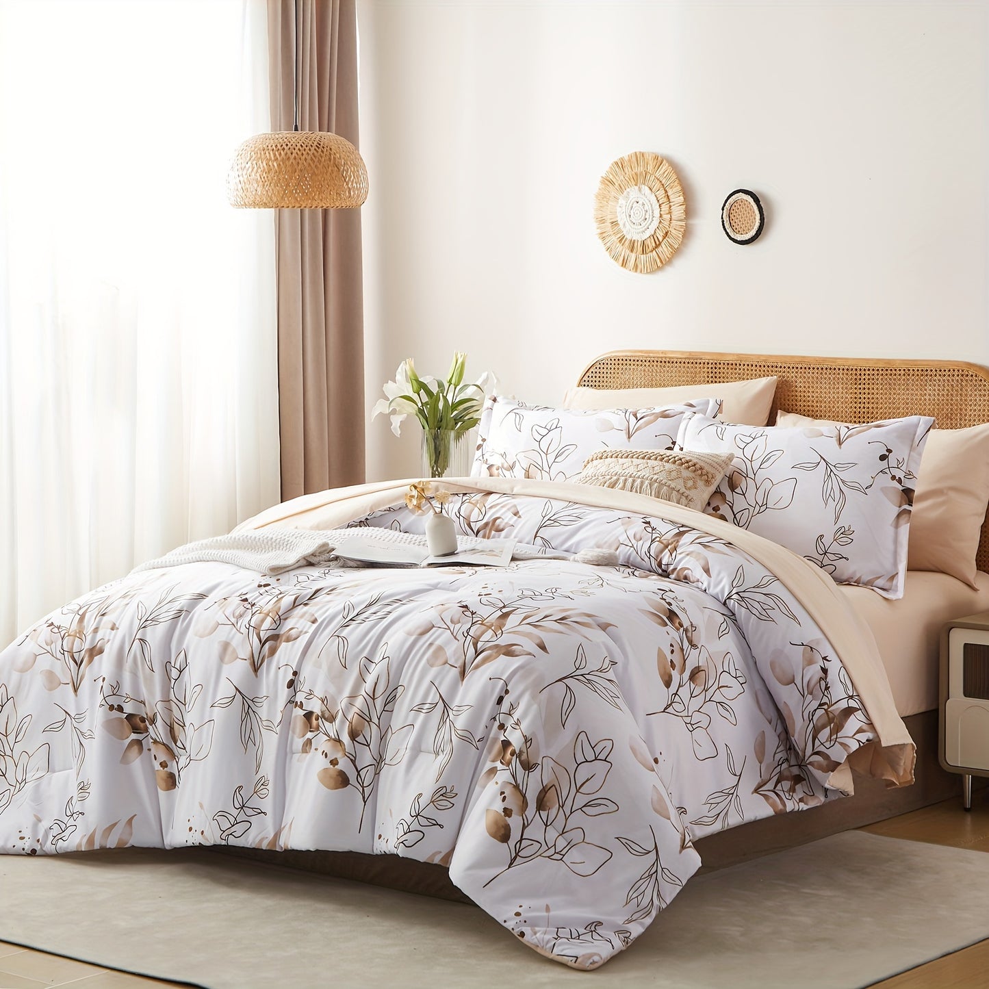 5/7pcs Reversible Golden Leaves Printed Comforter Sets - Luxurious, Stain-Resistant, Hypoallergenic, and Lightweight Bedding for All Seasons - Soft, Breathable, and Durable Twin/Full/Queen/King Size Bed In A Bag with 100% Polyester Filling and Easy Care I