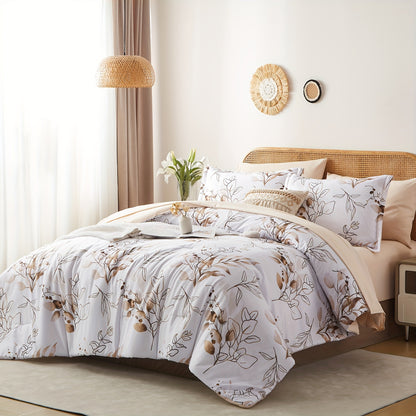 5/7pcs Reversible Golden Leaves Printed Comforter Sets - Luxurious, Stain-Resistant, Hypoallergenic, and Lightweight Bedding for All Seasons - Soft, Breathable, and Durable Twin/Full/Queen/King Size Bed In A Bag with 100% Polyester Filling and Easy Care I