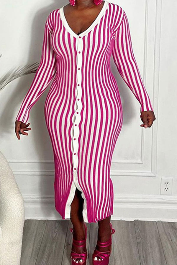 namcoverse Vertical Striped V Neck Classic Button Midi Dress