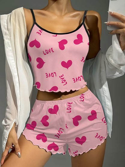 Womens Heart Print Relaxed Fit Pajama Set - Soft Micro Elasticity Polyester Fabric, Cute Spaghetti Strap Crop Cami Top, Lettuce Trim Shorts, Comfortable Round Neck Backless Design, All-Season Nightwear for Adults