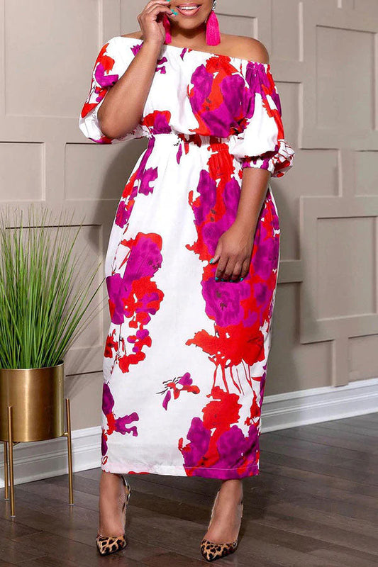 storexq Floral Print Romantic Off Shoulder Midi Dress