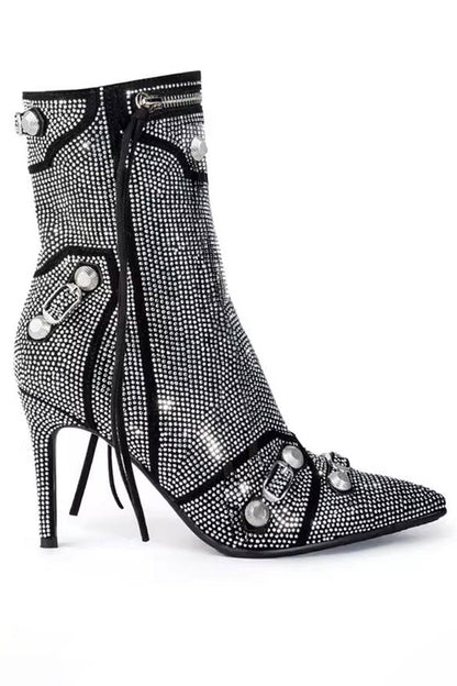 storexq Rhinestone & Rivet Design Striking Pointed Toe Ankle Boots