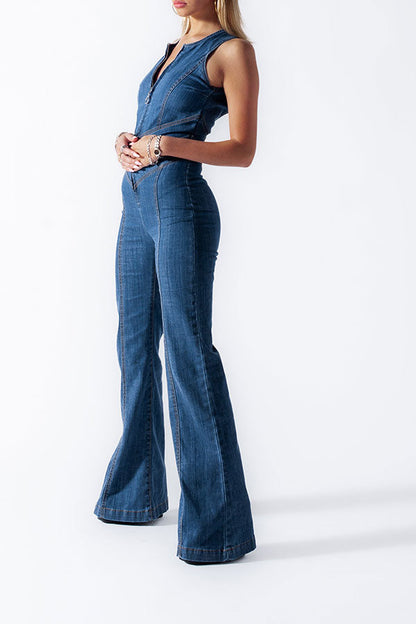 storexq Solid Color Urban Open Back Denim Jumpsuit