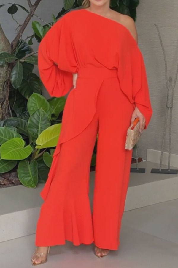 storexq Solid Color Romantic Ruffle Irregular Pant Suit