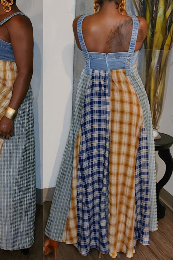 namcoverse Plaid Patchwork On-trend Denim Maxi Dress