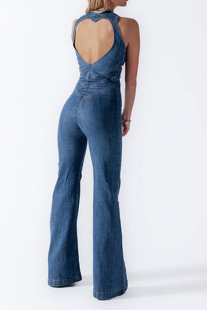 storexq Solid Color Urban Open Back Denim Jumpsuit