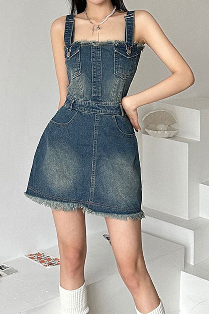 storexq Gradient Girly Suspenders Denim Mini Dress