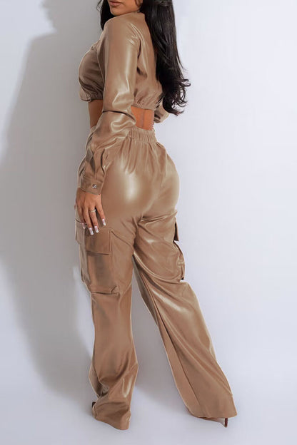 storexq Solid Color PU Punk Patch Pocket Irregular Pant Suit