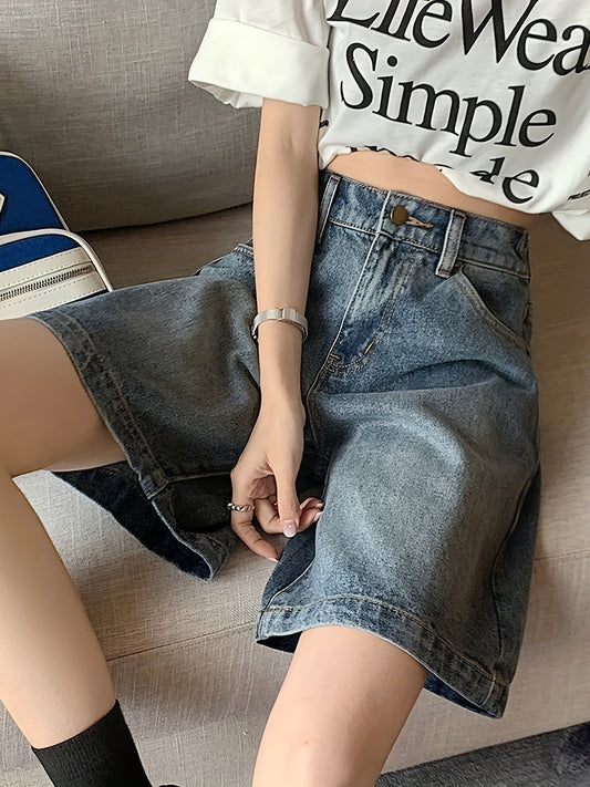 Ultra-Comfortable High Rise Womens Retro Denim Shorts - Fashionably Loose Fit with Timeless Plain Design, Generous Wide Leg & Stylish Slash Pockets - Trendy Jorts for Vintage-Inspired Style - Premium Jeans & Clothing