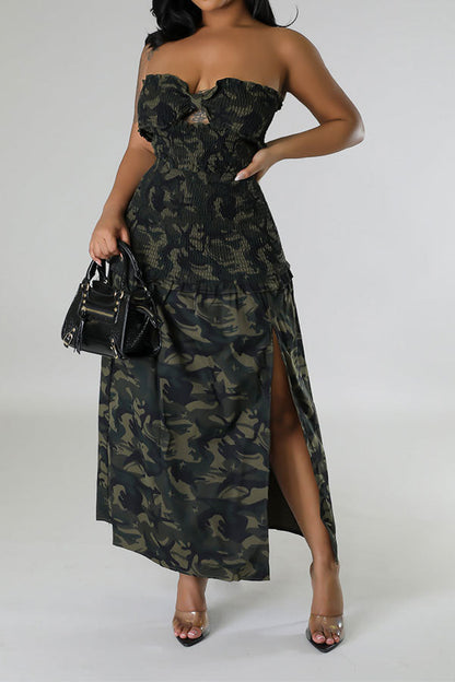 storexq Camouflage Strap Shirred Feminine Bandeau Midi Dress