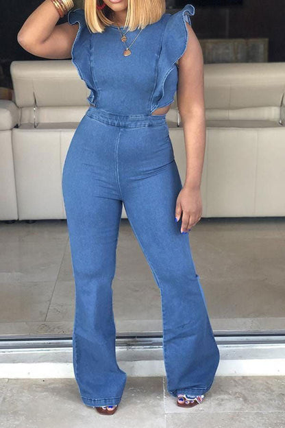 storexq Solid Color Sweet Ruffle Shoulder Denim Jumpsuit