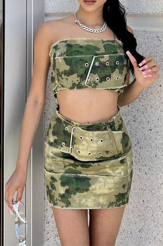 storexq Camouflage Hot Buckled Design Skirt Suit