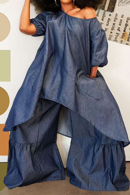 storexq Denim On-trend Irregular Top & Ruffle Pant Suit